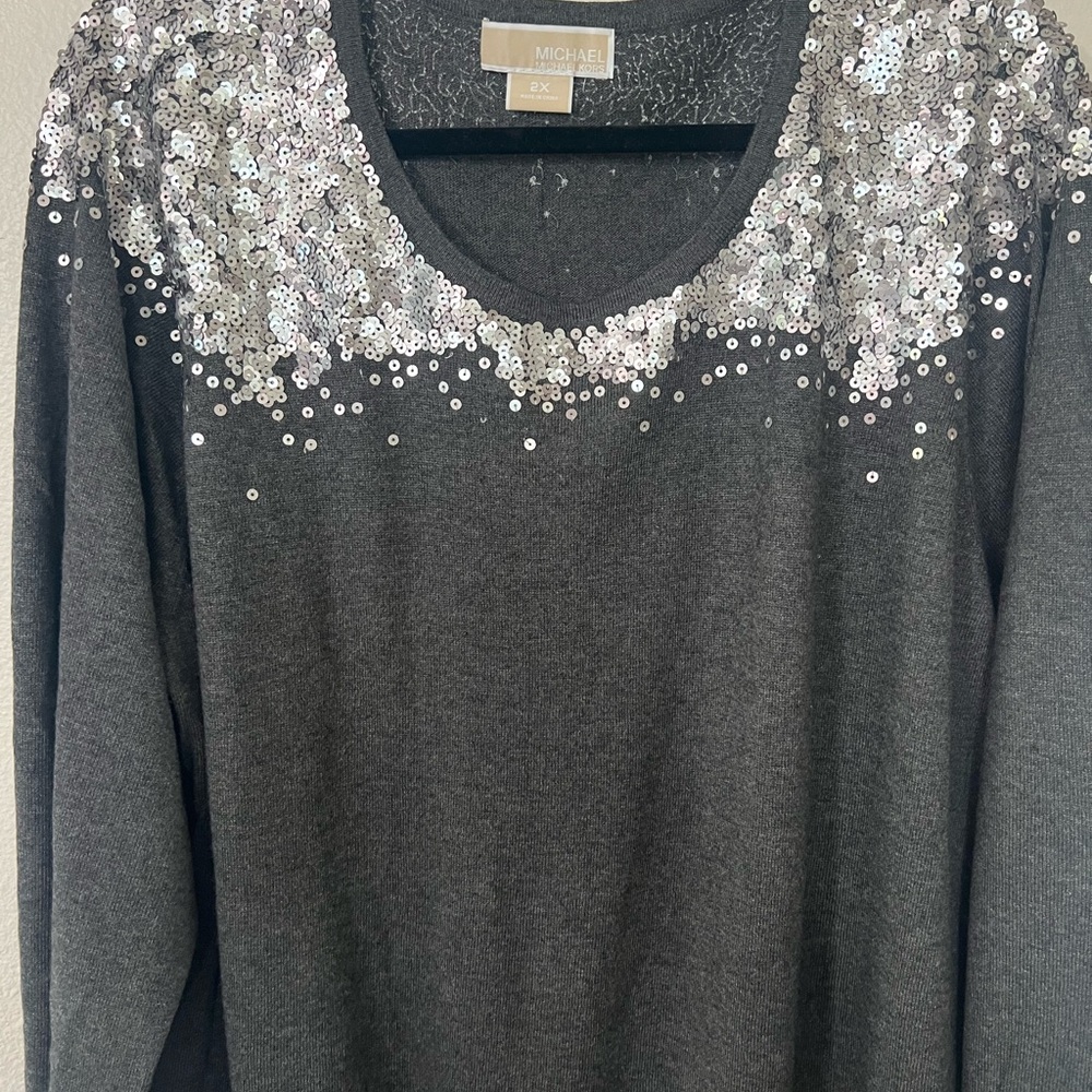 Michael Kors Dark Gray Sequin Long Sleeve Sweater - Picture 3 of 4